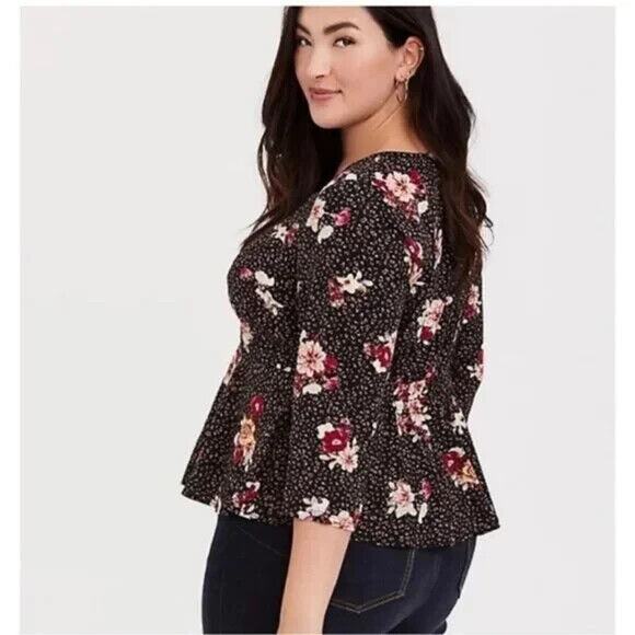 NWOT TORRID Floral Print LS Chablis Corset Top Peplum in Black/Pink - Picture 6 of 12